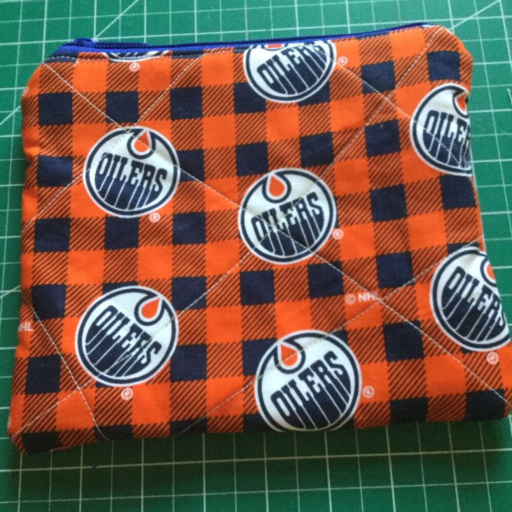 Handmade Edmonton Oiler zip top pouches quilted made with all new fabrics